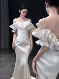 Simple Mermaid Strapless White Long Prom Dresses HZ1024