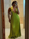 Classy A line Halter Ruffles Floor Length Green Prom Dresses Black Girl Prom Gowns HZ1024