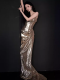 Sexy Mermaid Strapless Neckline Sequin Prom Dresses Long Birthday Outfits HZ1024