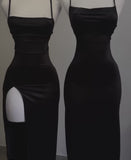 Pretty Sheath Spaghetti Straps Black Long Prom Dresses Birthday Party Dress HZ1024