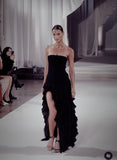 Pretty High Low Strapless Black Chiffon Floor Length Prom Dresses Evening Dress HZ1024