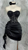 Sexy Sheath Strapless Black Lace Short Birthday Outfits Satin Homecoming Dresses HZ1024