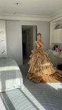 Fancy Ball Gown Strapless Gold Sequin Long Prom Dresses Evening Dress HZ1024