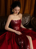 Pretty Strapless Red A Line Long Prom Dresses With Slit HZ1024