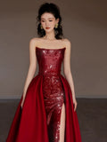 Pretty Strapless Red A Line Long Prom Dresses With Slit HZ1024
