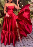 Simple A-line Strapless Prom Dress With Slit HZ1024