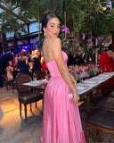 Fancy Popular Pink A-line Strapless Maxi Long Party Prom Dresses HZ1024