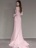 Simple Mermaid Long Sleeves Pink Long Prom Dresses HZ1024