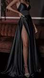 Pretty A line Spaghetti Straps Black Satin Slit Long Prom Dresses Evening Dress HZ1024