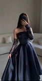 Modest Ball Gown Navy Blue Strapless With Long Sleeves Prom Dresses Long Evening Dress HZ1024