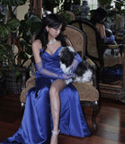 Elegant Sheath Sweetheart Sleeveless Blue Satin Slit Prom Dresses Long Evening Dress HZ1024