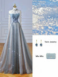 Elegant A line Strapless Sequin Blue Prom Dresses With Beads Long Evening Dress HZ1024