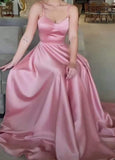 Simple A Line Spaghetti Straps Sleeveless Pink Satin Prom Dresses Long Evening Dress HZ1024