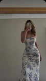 Elegant Sheath Strapless Long Blue Floral Prom Dresses Evening Dress HZ1024