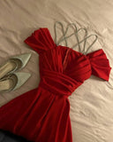 Modest A Line Spaghetti Straps Red Long Prom Dresses Evening Dress HZ1024