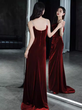 Vintage Mermaid Burgundy Velvet Long Prom Dresses HZ1024