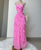 Vintage A Line Spaghetti Straps Pink Chiffon Floor Length Prom Dresses Ruffles Evening Dress HZ1024