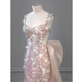 2025 New Elegant Mermaid Straps Sleeveless Bow-knot Sequin Long Prom Dresses HZ1024