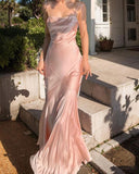 Mermaid Spaghetti Straps Sleeveless Ruffles Pink Prom Dresses HZ1024