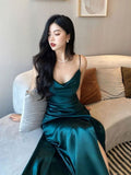 Mermaid Green Satin Long Prom Dresses Slit Evening Dress HZ1024