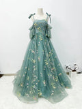 Lace Prom Dresses Spaghetti Strap Short Puff Sleeves Long Prom Dress HZ1024