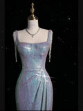 Sexy Women Square Collar Bead Tassel Long High Slit Mermaid Prom Dresses HZ1024
