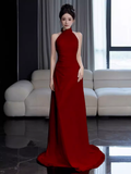 Vintage Mermaid Burgundy High Neckline Long Prom Dresses HZ1024