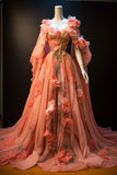 Chic Ball Gown Strapless Floral Satin Orange Long Prom Dresses With Flowers Party Dress HZ1024