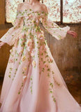 Elegant A line Off The Shoulder Long Sleeves Floral Pink Tulle Party Dress Prom Dresses Evening Dress HZ1024