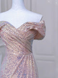 Elegant Mermaid Off The Shoulder Pink Sequin Long Prom Dress Evening Dresses HZ1024