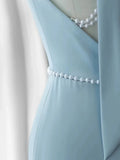 Elegant Mermaid V Neckline Blue Backless Pearls Long Prom Dress Evening Dresses HZ1024