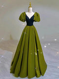 Elegant Ball Gown V Neckline Olive Green Satin Long Prom Dress Evening Dresses HZ1024