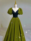 Elegant Ball Gown V Neckline Olive Green Satin Long Prom Dress Evening Dresses HZ1024