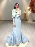Pretty Mermaid Strapless Blue Satin Long Prom Dress Evening Dresses With Bow HZ1024
