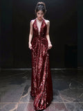 Sexy Mermaid V Neckline Burgundy Sequin Prom Dresses Evening Dress With Beads HZ1024