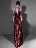 Sexy Mermaid V Neckline Burgundy Sequin Prom Dresses Evening Dress With Beads HZ1024