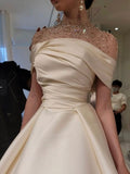 Elegant A-Line Evening Gown Elegant Dress Formal Floor Length Short Sleeve Illusion Neck Satin with Ruched Beading Prom Dress HZ1024