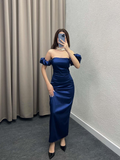Sexy Sheath Off The Shoulder Royal Blue Long Satin Prom Dresses Party Dress HZ1024