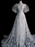 Elegant A Line Straps Tulle Sequin Long Wedding Dresses HZ1024