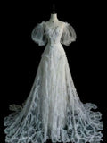 Elegant A Line Straps Tulle Sequin Long Wedding Dresses HZ1024