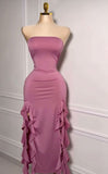 Elegant Sheath Strapless Slit Long Prom Dress Evening Dresses With Ruffles HZ1024