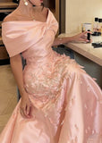 Pretty Mermaid Off The Shoulder Pink Satin Long Prom Dress Evening Dresses With Appliques HZ1024