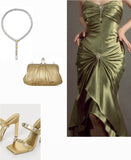 Pretty Mermaid Spaghetti Straps Green Satin Ruffles Evening Dress Prom Dresses HZ1024