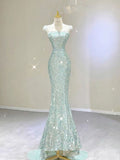 Elegant Mermaid Strapless Sequin Mint Green Sleeveless Long Prom Dresses HZ1024