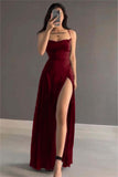 Elegant A Line Spaghetti Straps Red Satin Long Length Prom Dresses Birthday Outfits HZ1024