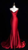 Vintage Mermaid Spaghetti Straps Red Satin Long Length Prom Dresses Birthday Outfits HZ1024