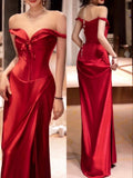 Vintage Sheath Off The Shoulder Red Satin Long Length Prom Dresses Birthday Outfits HZ1024