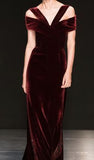 Vintage Sheath V Neckline Burgundy Velvet Long Prom Dresses Birthday Outfits With Ruffles HZ1024