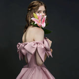 Elegant A line Off The Shoulder Satin Pink Evening Dress Long Prom Dresses HZ1024