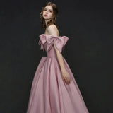 Elegant A line Off The Shoulder Satin Pink Evening Dress Long Prom Dresses HZ1024